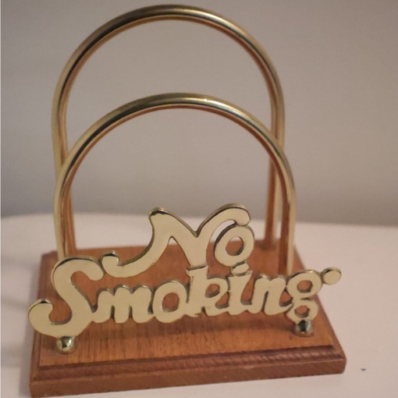 No smoking sign Brass and Wood No Smoking Sign Mail Holder Napkin Holder Vintage - Picture 1 of 2